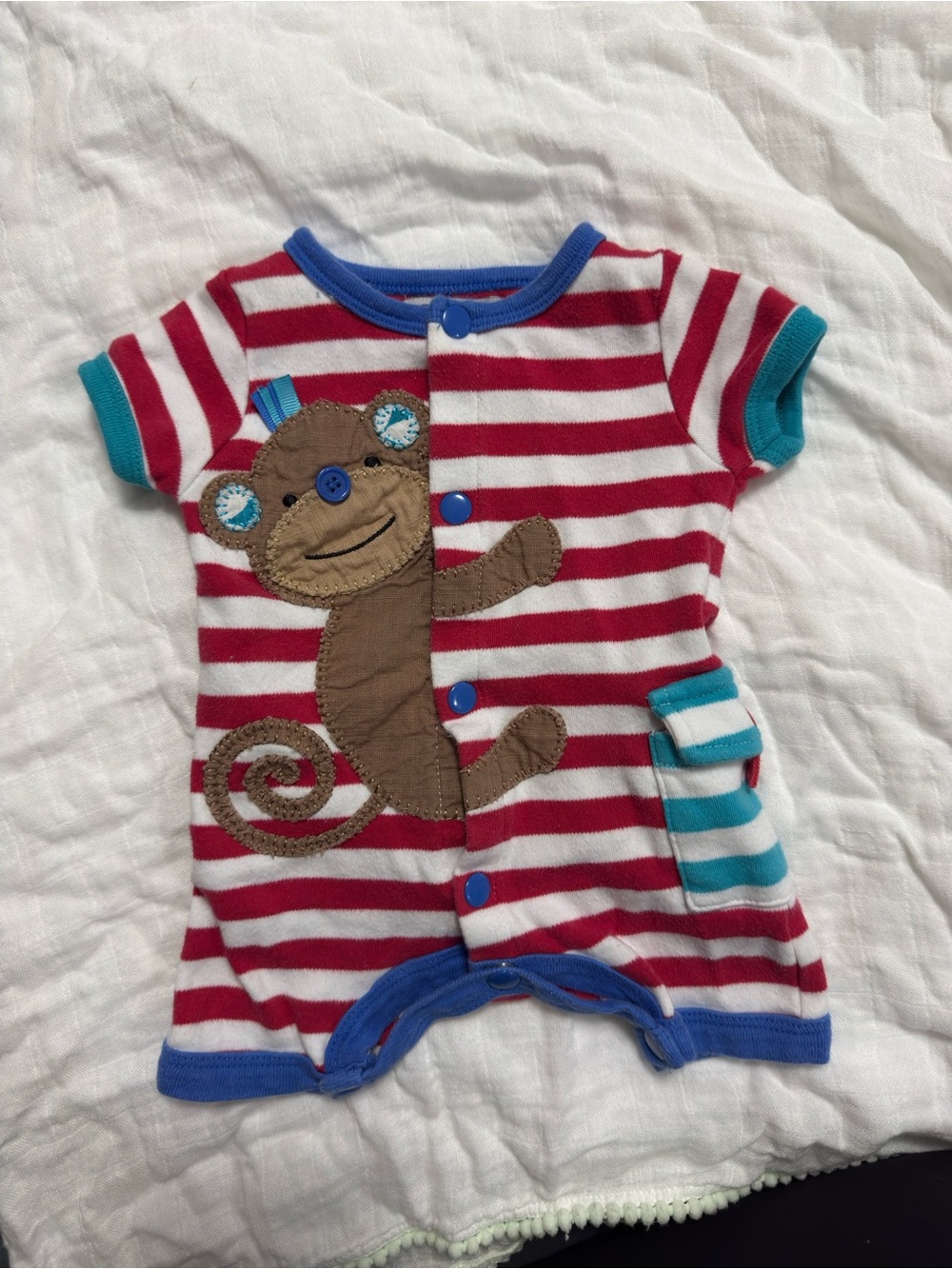 MUDPIE Striped Red & White Baby Romper with Monkey Applique